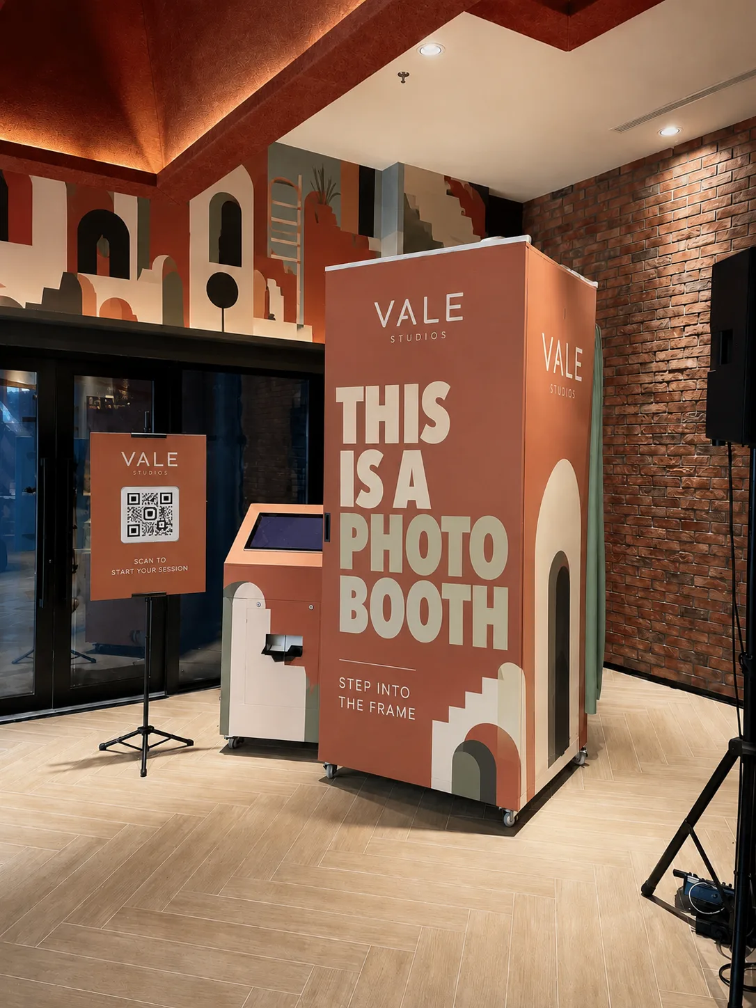 Branded photo booth kiosk at Vale Studios event